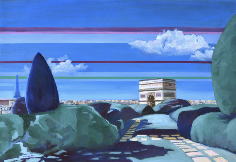 A stylized painting of Paris featuring the Arc de Triomphe and Eiffel Tower in the distance. The foreground shows a path or road leading to the monuments, bordered by large, abstractly rendered trees or bushes in deep greens and blues. The sky is a bright blue with horizontal stripes in purple and red, and white fluffy clouds. The composition uses a distinctive artistic style with simplified shapes and bold colors to create a dreamlike interpretation of the Parisian landscape.